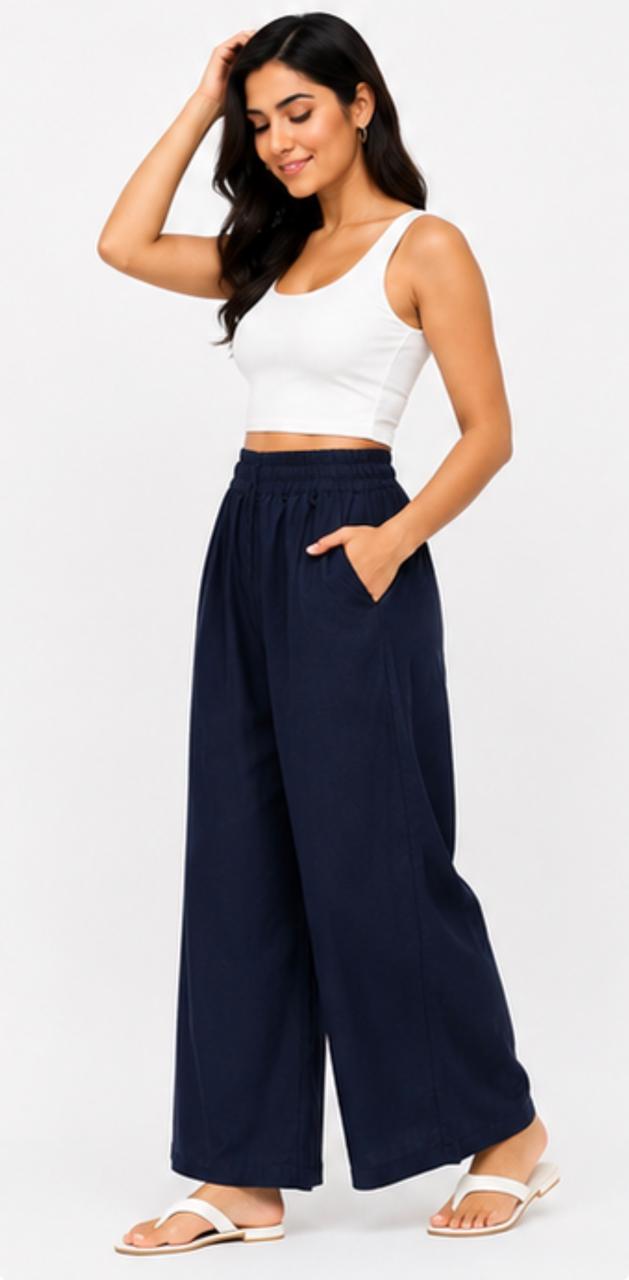 Women’s Navy Blue Printed Wide-Leg Pants