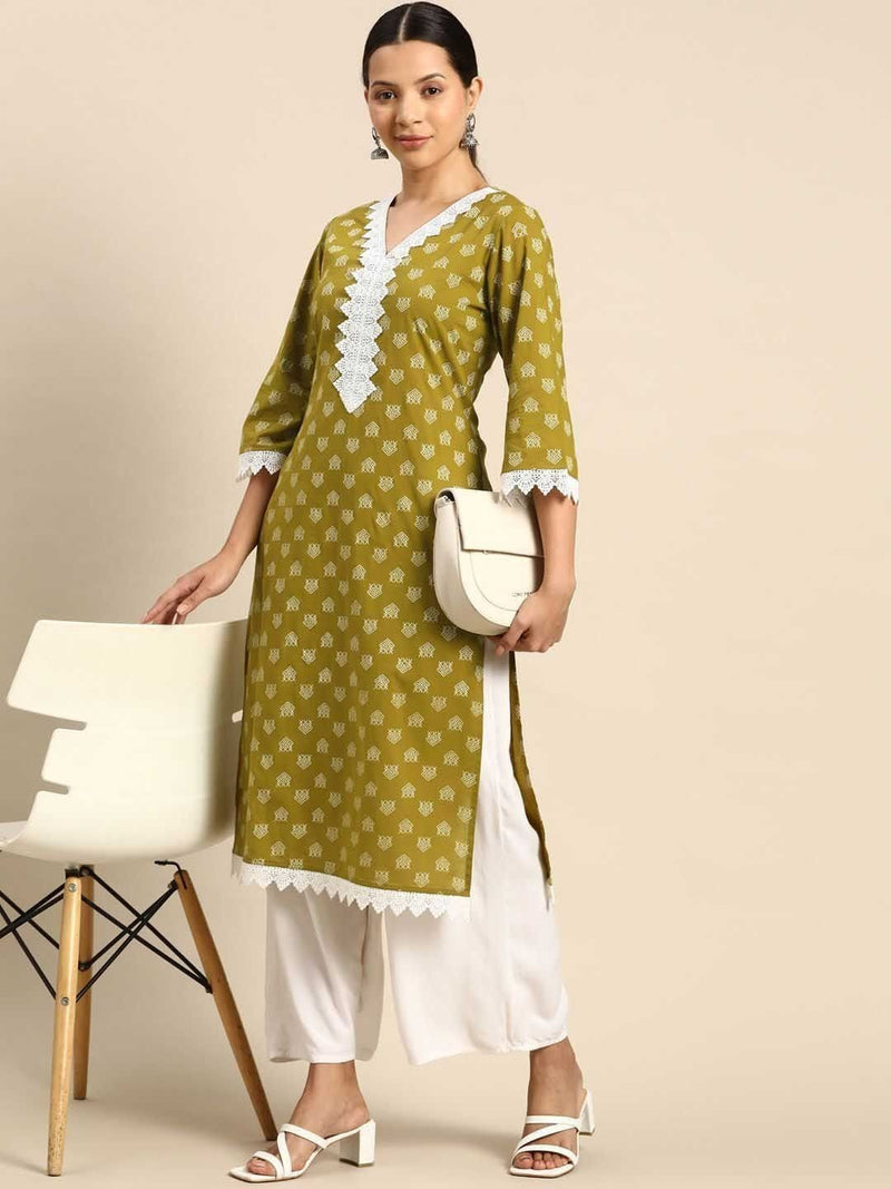 Women Olive Green Rayon Lace Straight Kurti