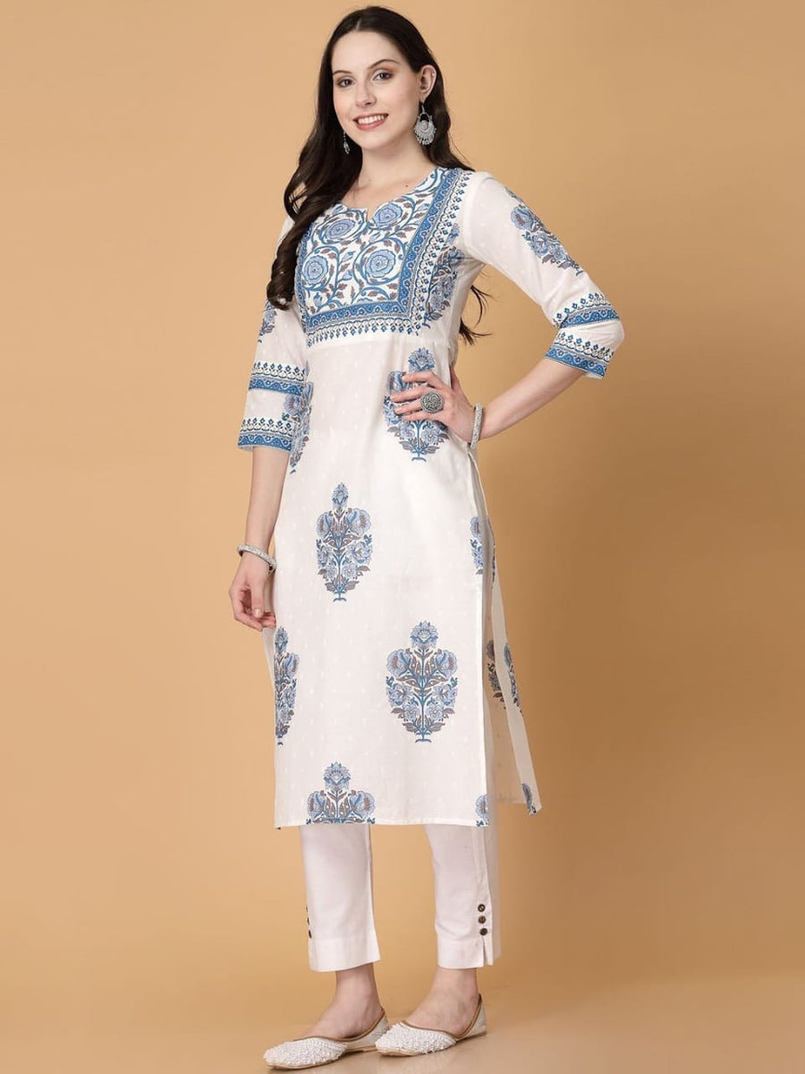 Women White & Blue Cotton Printed Straight Kurti