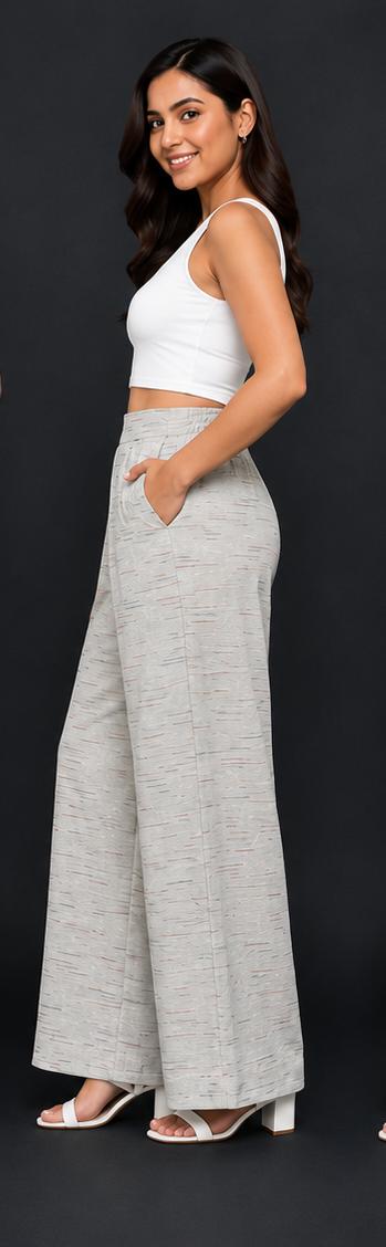 Women’s Grey Printed Wide-Leg Cotton-Linen Pants