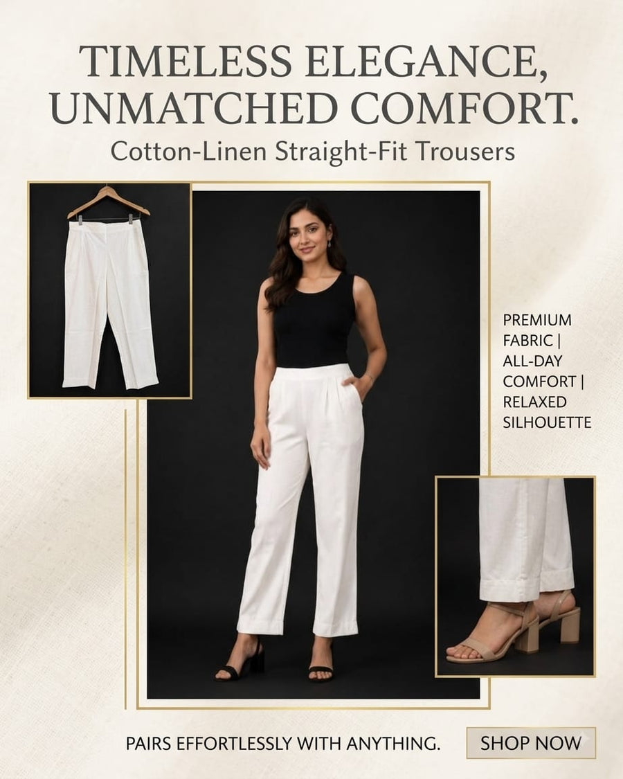 Women’s White Cotton Linen Straight-Fit Trousers