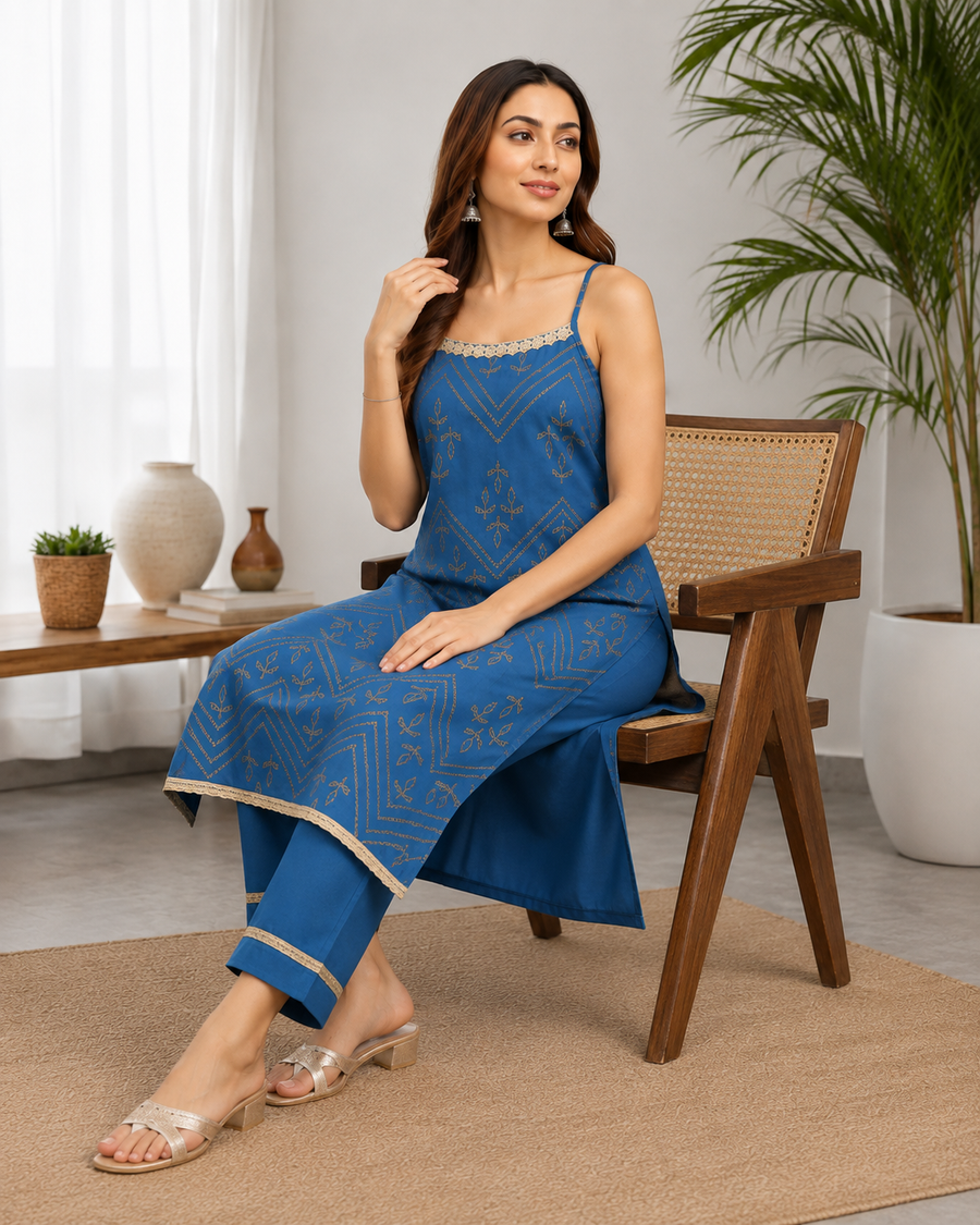 Blue Geometric Print Strappy Kurti