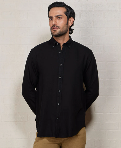 Black Blended Linen Soft Washed Shirt