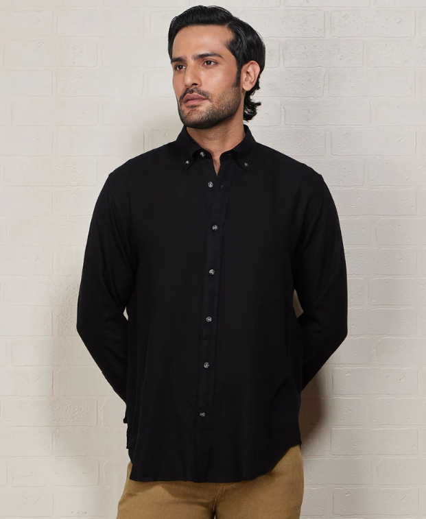 Black Blended Linen Soft Washed Shirt