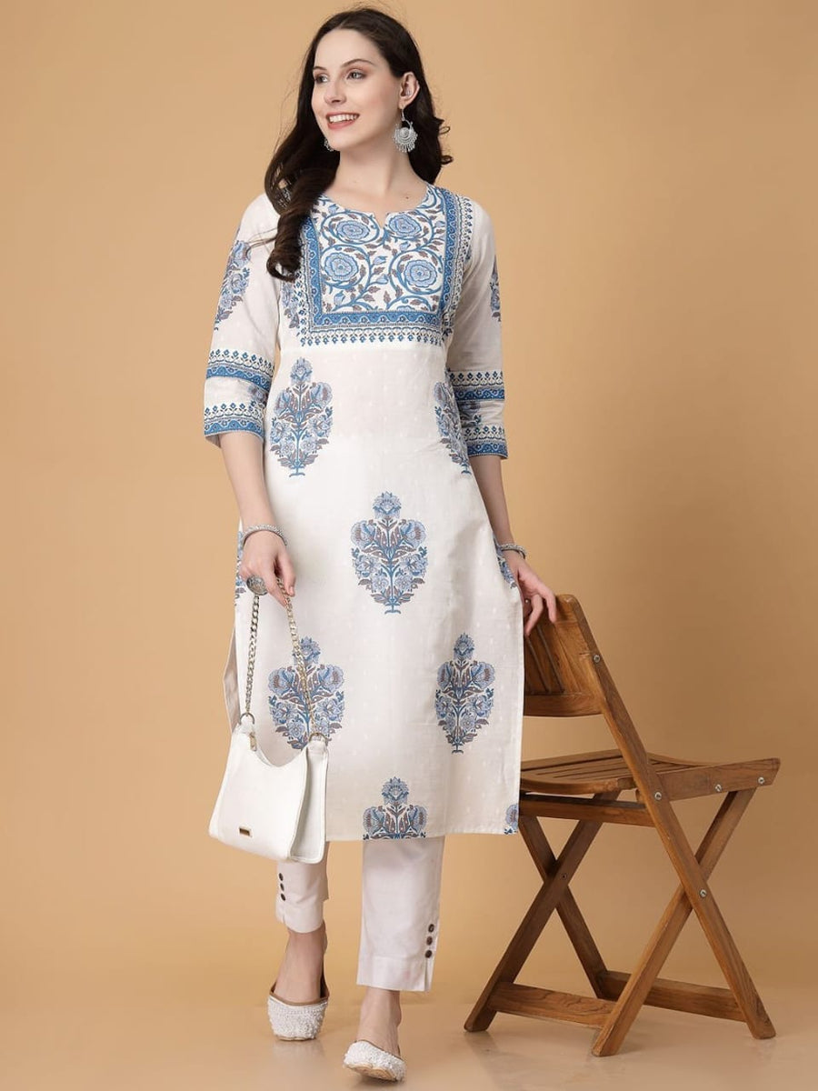Women White & Blue Cotton Printed Straight Kurti