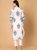Women White & Blue Cotton Printed Straight Kurti