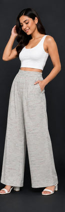 Women’s Grey Printed Wide-Leg Cotton-Linen Pants