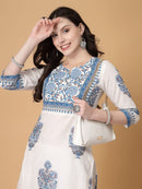 Women White & Blue Cotton Printed Straight Kurti