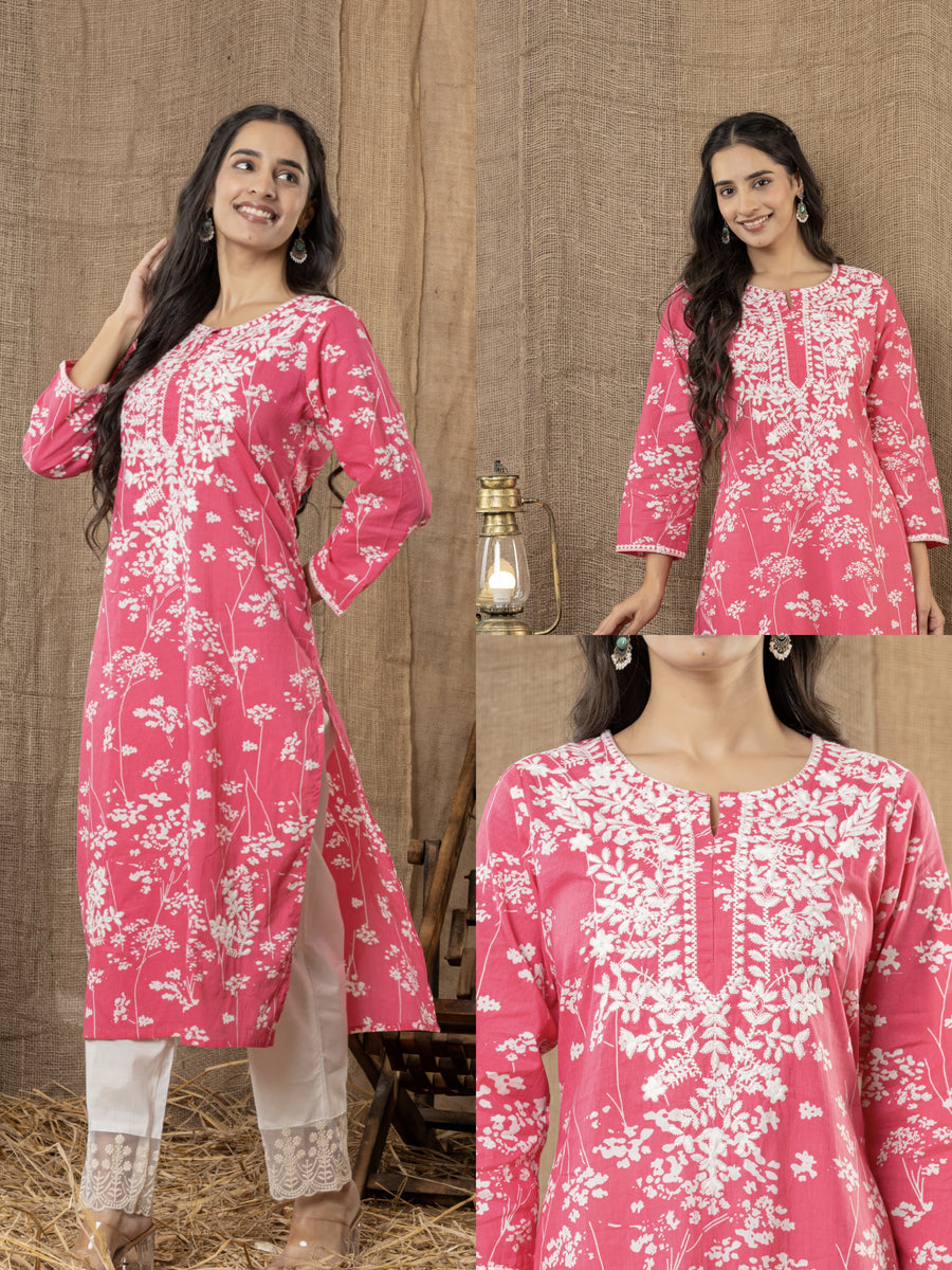 Cotton Floral Printed Embroidery Kurti