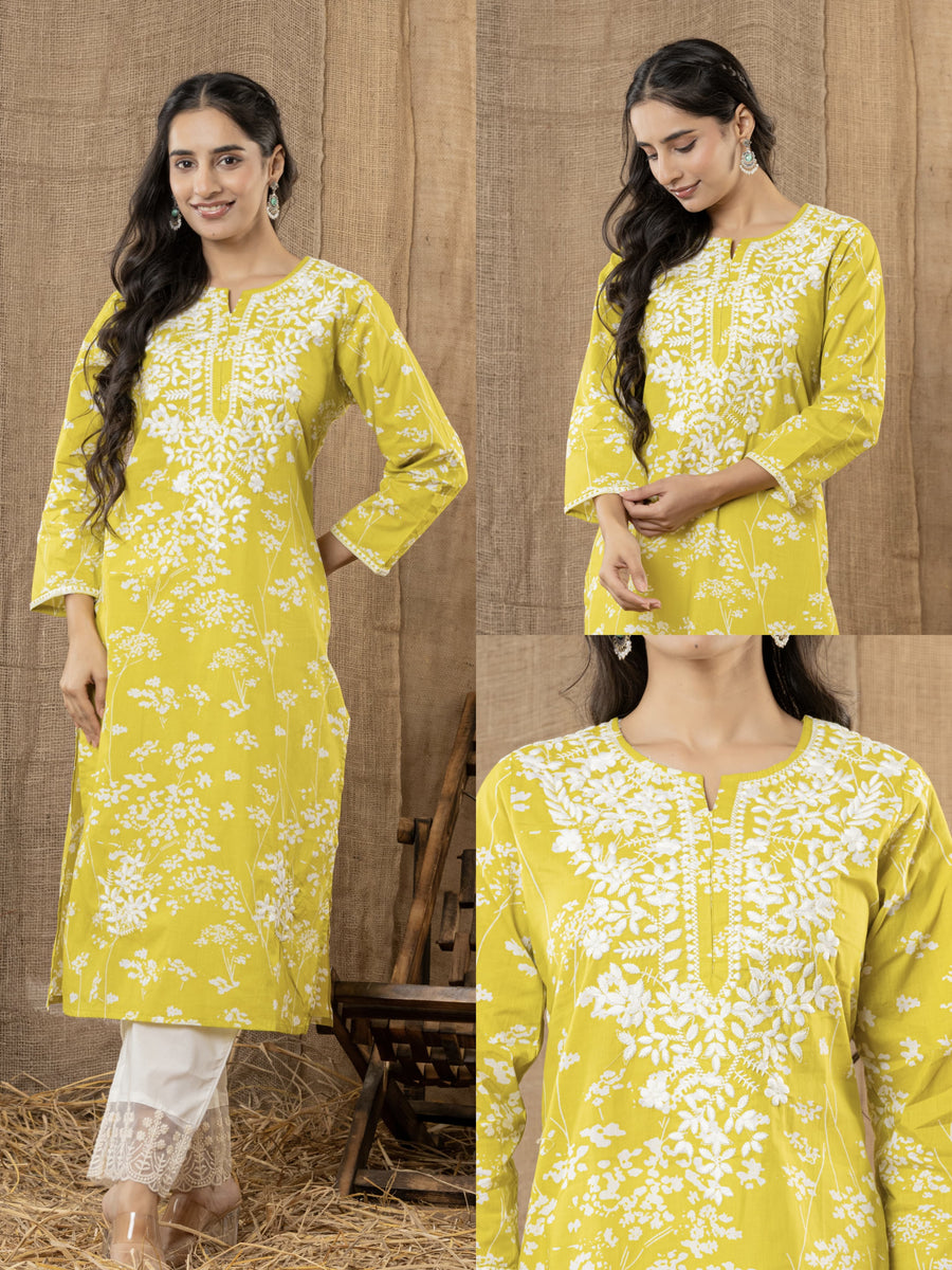 Cotton Floral Printed Embroidery Kurti