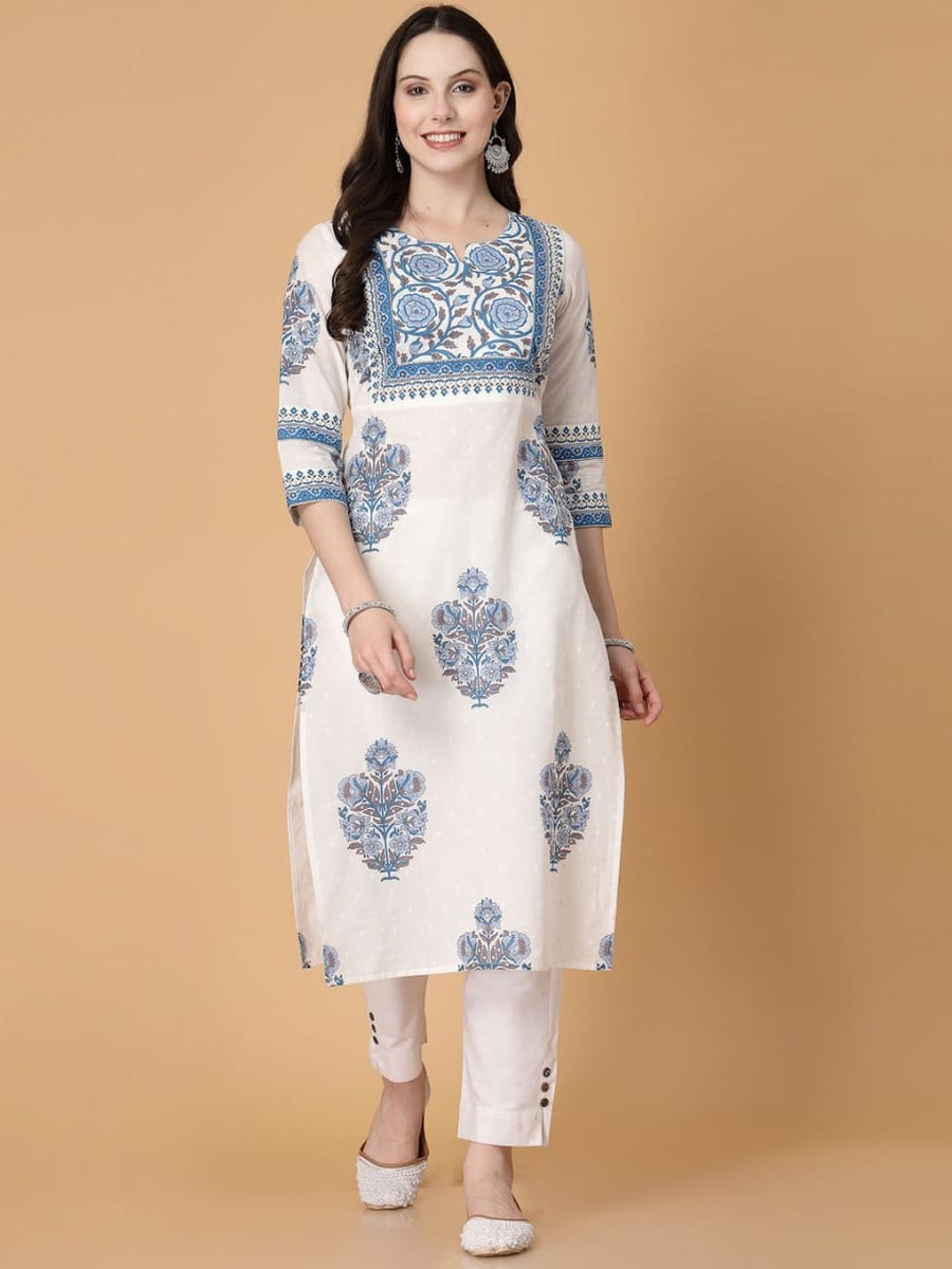 Women White & Blue Cotton Printed Straight Kurti