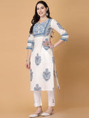 Women White & Blue Cotton Printed Straight Kurti