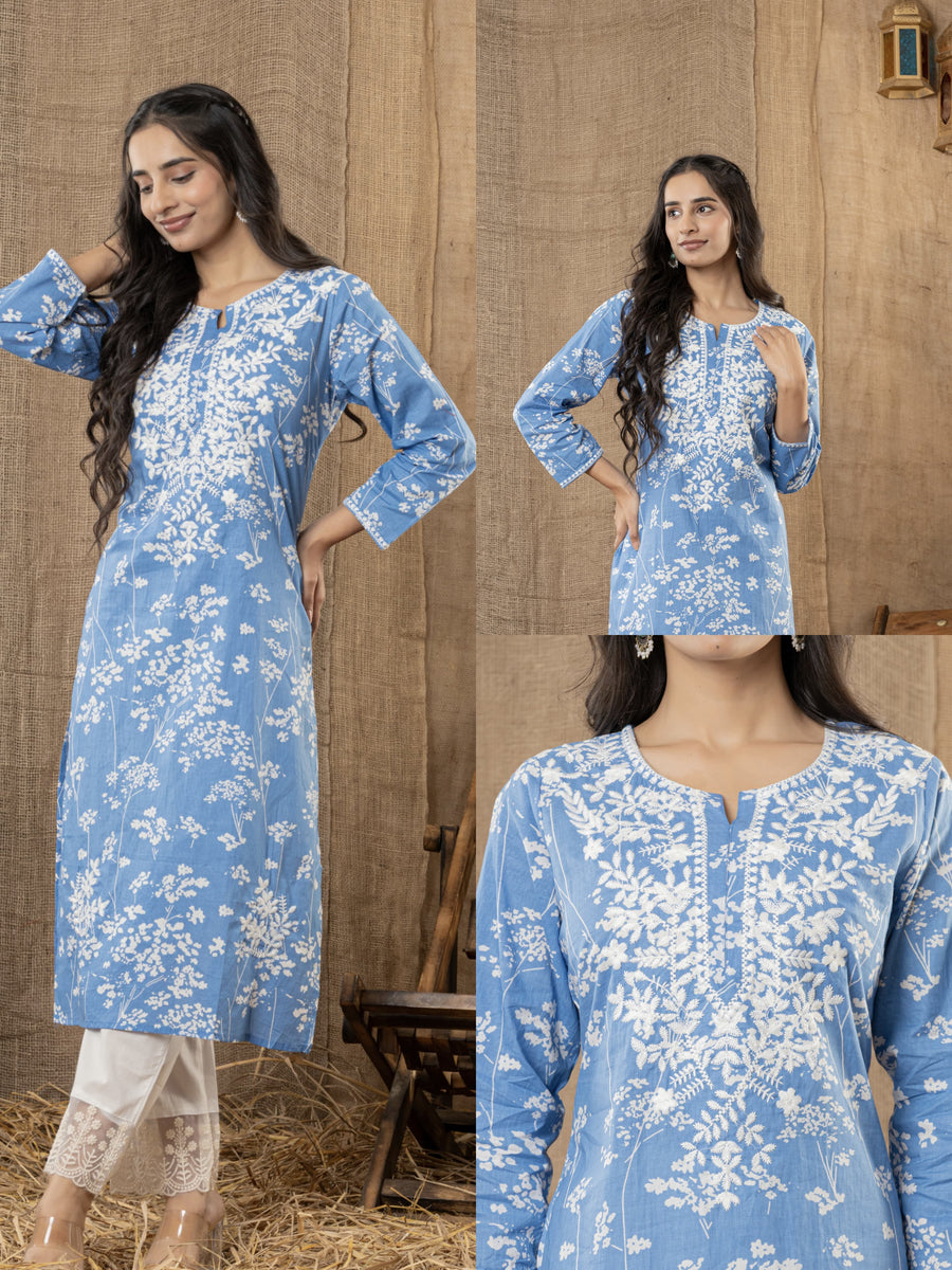 Cotton Floral Printed Embroidery Kurti