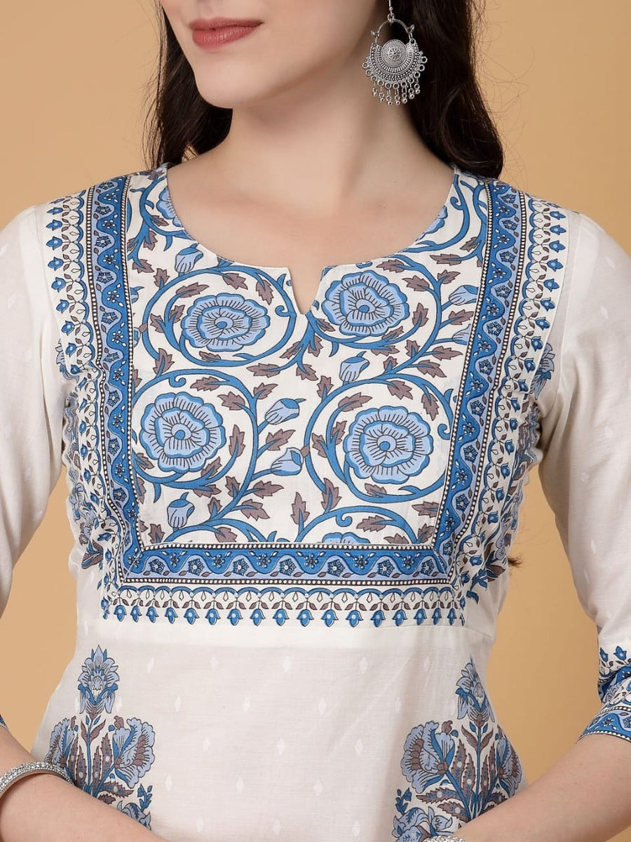 Women White & Blue Cotton Printed Straight Kurti
