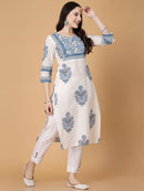 Women White & Blue Cotton Printed Straight Kurti