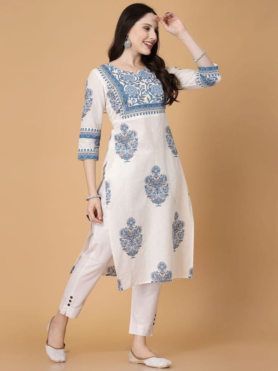 Women White & Blue Cotton Printed Straight Kurti